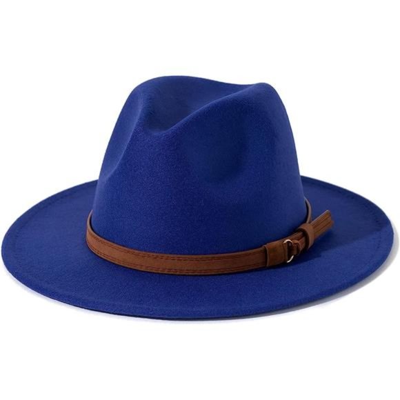 Men & Women Vintage Wide Brim Fedora Hat with Belt Buckle Royal Blue